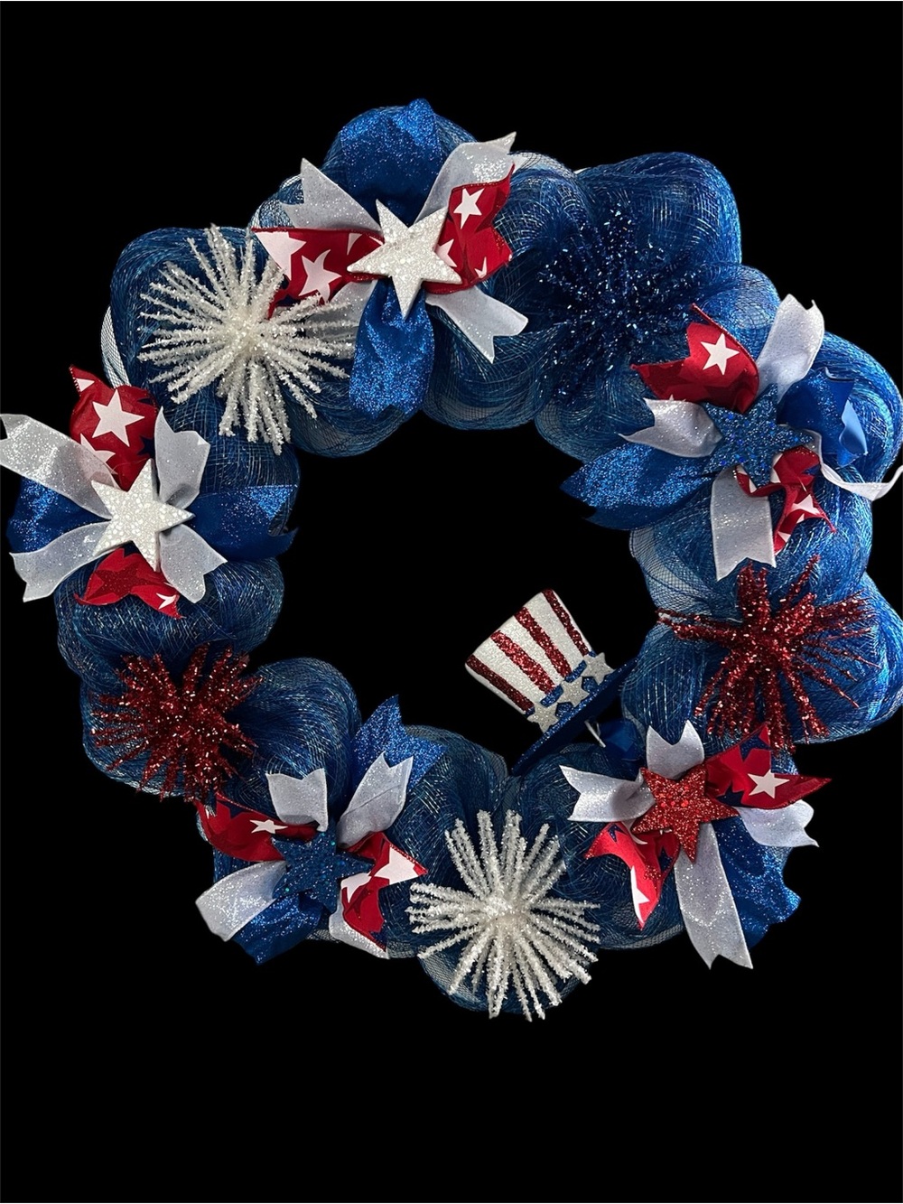 Patriotic Blue Deco Mesh Wreath with Stars and Fireworks